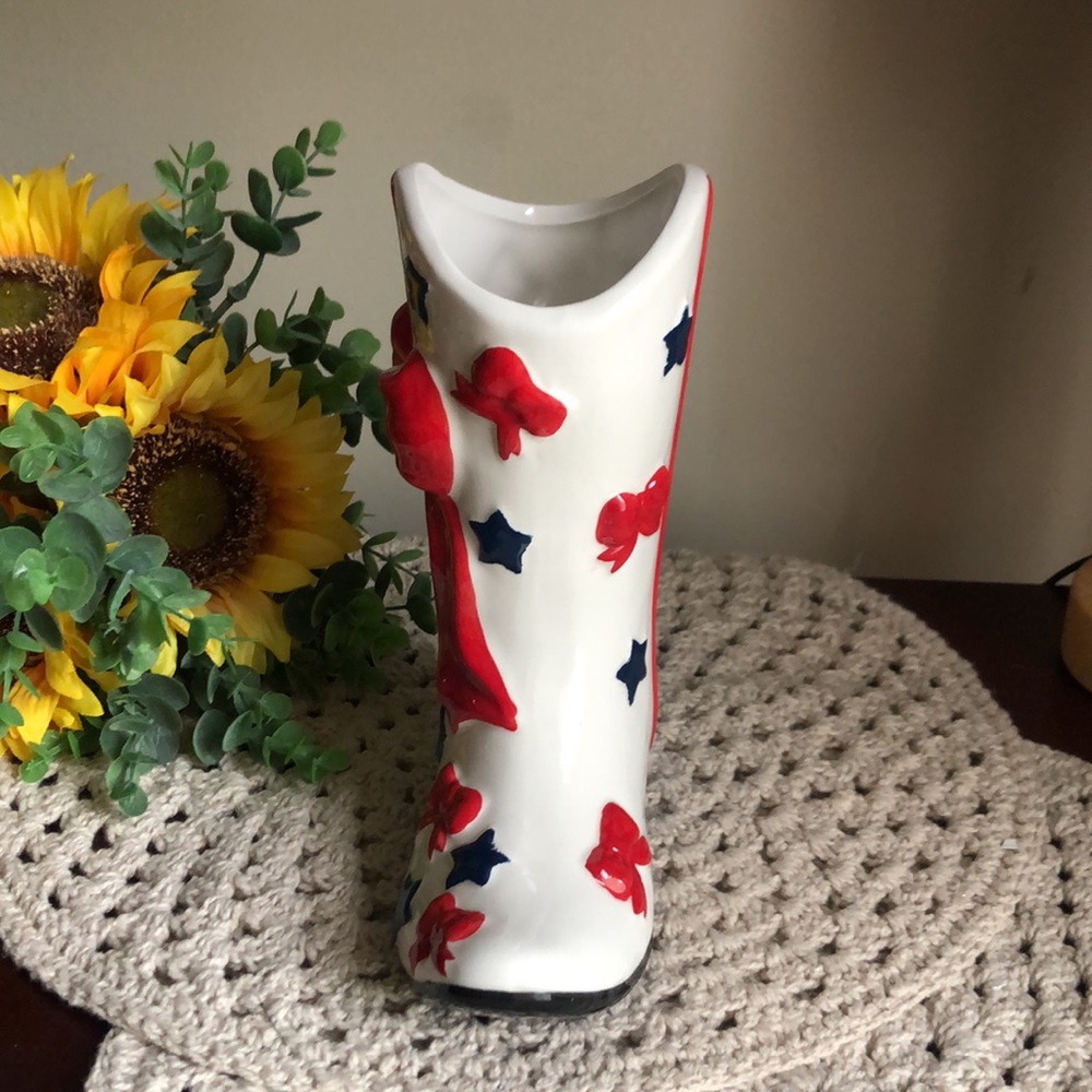 Decorative White Ceramic Cowboy Patriotic Boot with Red Bows and Blue Stars - Picture 5 of 10